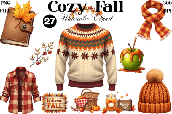Download Watercolor Cozy Fall Clipart Bundle PNG - Cozy fall clipart Collection
